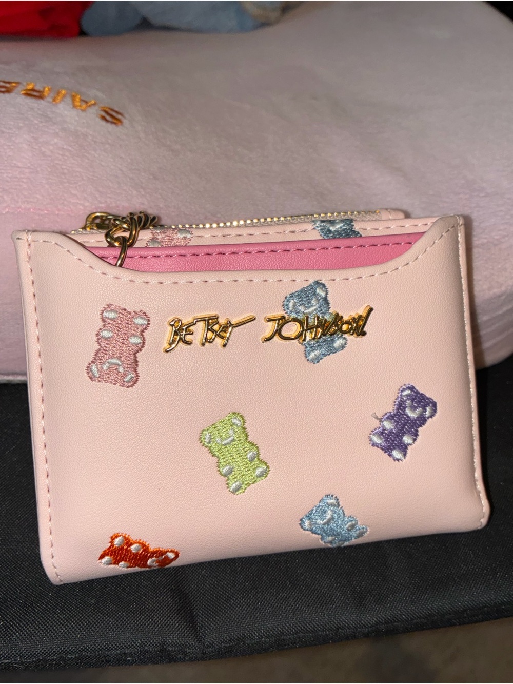 Betsey Johnson Pink Gummy Bear Card Wallet with Multicolor Embroidery